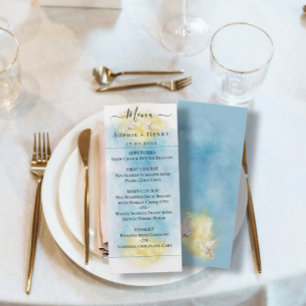 Elegant Blue & Gold Wedding white Doves Menu Card