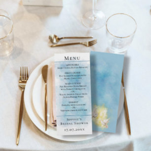 Elegant Blue & Gold Wedding white Doves Menu Card
