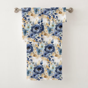 Elegant Blue Gold White Floral Roses Towel Set