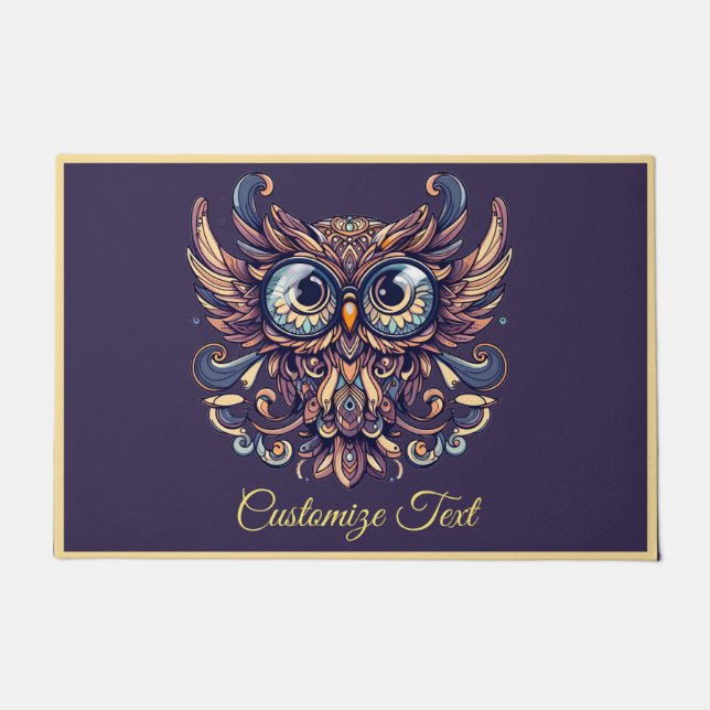 Elegant Blue & Gold Wise Owl Personalised  Doormat (Front)