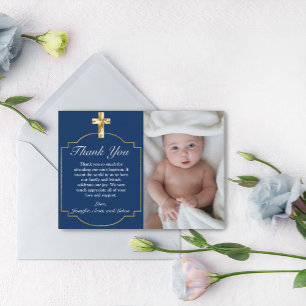 Elegant Blue Golden Cross Boys Baptism Thank You