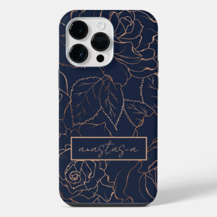 Elegant Blue Golden Roses Name iPhone 14 Pro Max Case