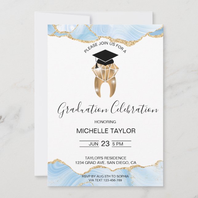 Elegant Blue Grad Dental Dentist Graduation Party Invitation (Front)