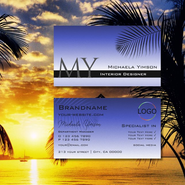 Elegant Blue Gradient Palm Leaf Monogram and Logo Business Card (Creator Uploaded)