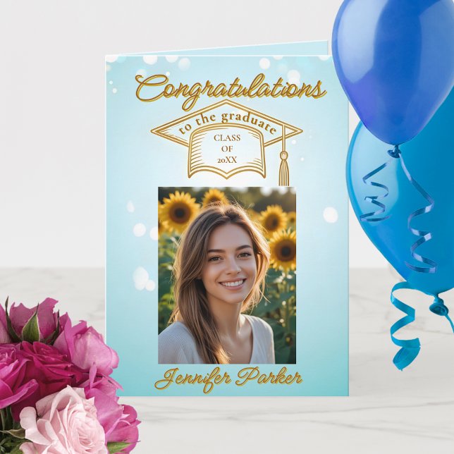Elegant Blue Graduation with Photo & Gold Accents Card (Creator Uploaded)