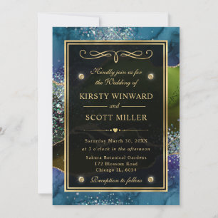 Elegant Blue, Green and Gold Glitter Agate Wedding Invitation