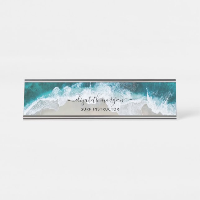 Elegant Blue Green Beach Script Surf Instructor Desk Name Plate (Front)