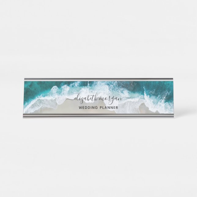Elegant Blue Green Beach Script Wedding Planner Desk Name Plate (Front)