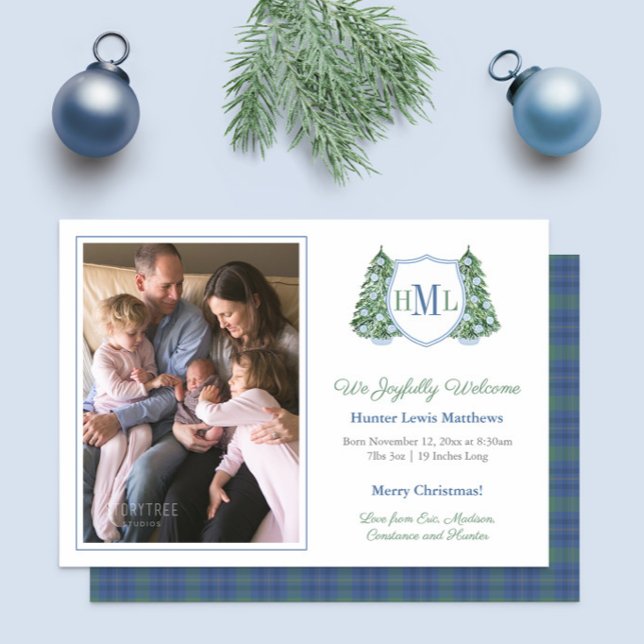 Elegant Blue Green Christmas Photo Baby Boy Birth  Announcement (Chinoiserie Chic Christmas Birth announcement card for boy in dark blue and green with tartan backer)