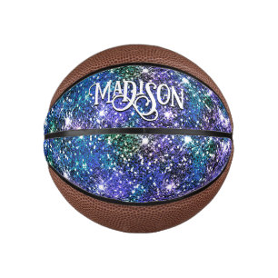 Elegant blue green faux Glitter monogram Mini Basketball