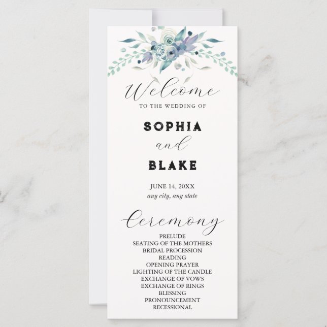 Elegant Blue & Green Floral Cream Wedding Program (Front)