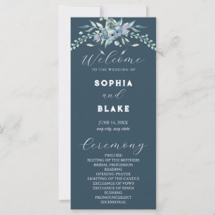 Elegant Blue & Green Floral Grey Wedding Program