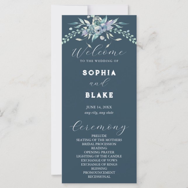 Elegant Blue & Green Floral Grey Wedding Program (Front)