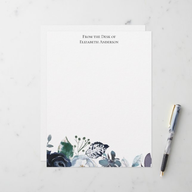Elegant Blue Green Floral Personalised Letterhead (Front/Back In Situ)