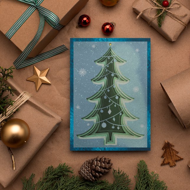 Elegant Blue Green Glitter Papercut Christmas Tree Holiday Card (Front)