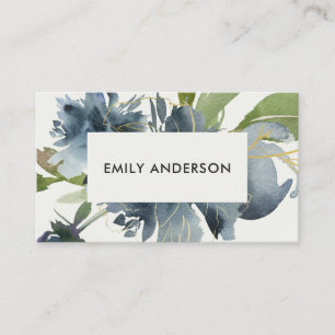 ELEGANT BLUE GREEN GOLD FLORAL WATERCOLOR BUSINESS CARD