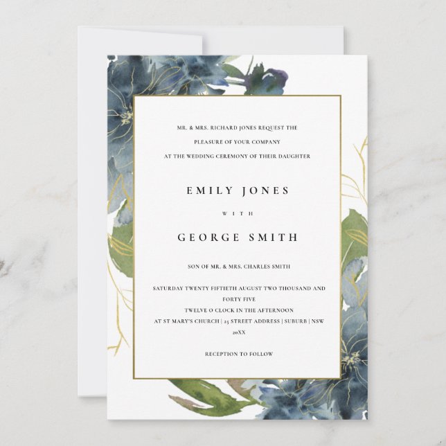 ELEGANT BLUE GREEN GOLD FLORAL WEDDING INVITE (Front)