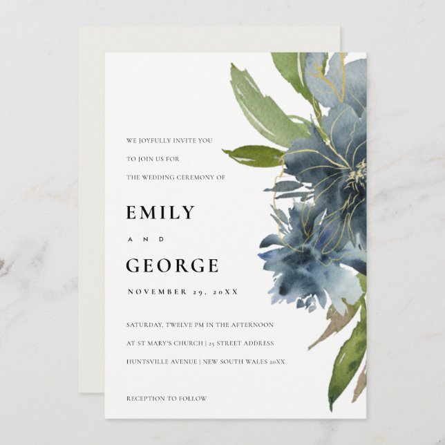 ELEGANT BLUE GREEN GOLD FLORAL WEDDING INVITE (Front/Back)
