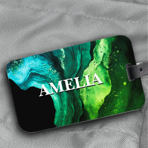 Elegant blue green marble art faux glitter luggage tag