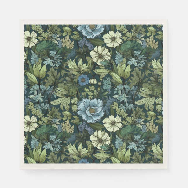 Elegant Blue & Green Victorian Wildflowers Pattern Napkin (Front)