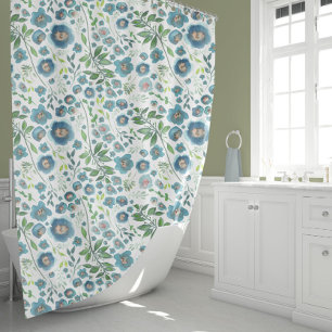 Elegant Blue Green Watercolor Floral Pattern Shower Curtain