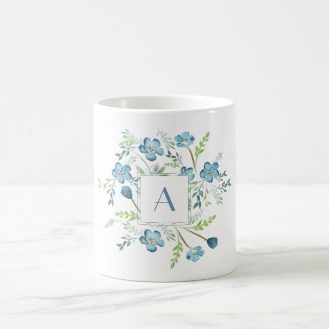 Elegant Blue Green Watercolor Flower Coffee Mug (Center)