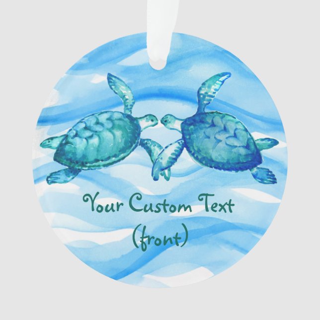 Elegant Blue Green Watercolor Kissing Sea Turtle Ornament (Front)