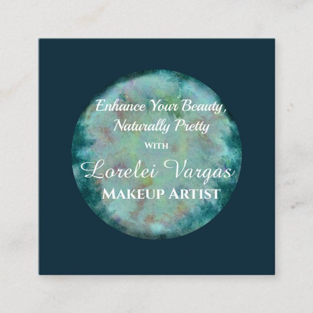 Elegant Blue Green Watercolor Makeup Artist Square Business Card (Front)