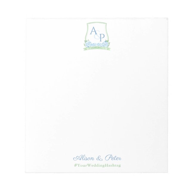 Elegant Blue Green Watercolor Wedding Crest Bridal Notepad (Front)