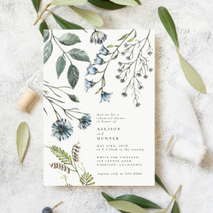 Elegant Blue Green Wildflower Rehearsal Dinner Invitation