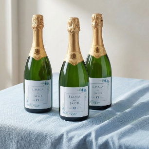 Elegant blue greenery names and date wedding sparkling wine label