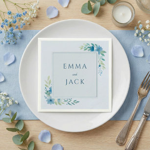 Elegant blue greenery names wedding napkin