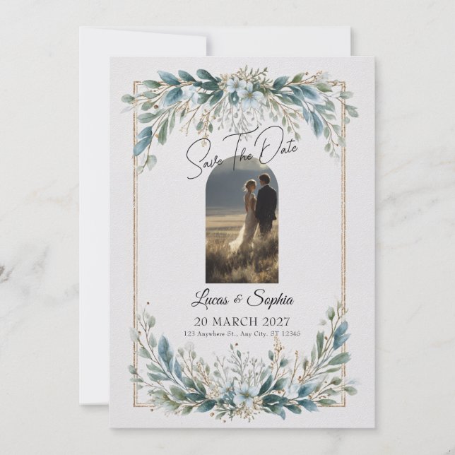 Elegant Blue Greenery Save the Date Invitation (Front)