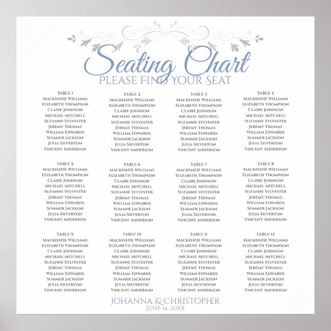 Elegant Blue & Grey 12 Table Wedding Seating Chart (Front)