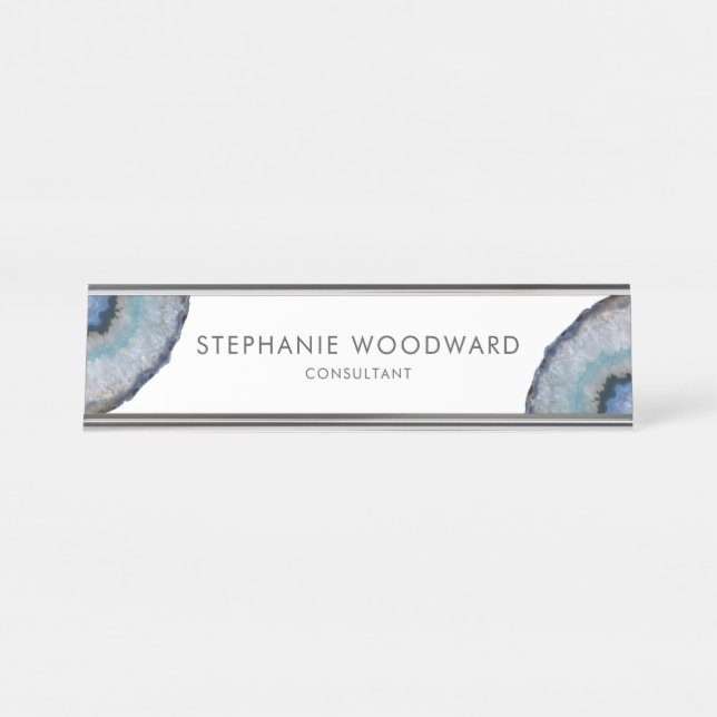Elegant Blue Grey Agate Geode Desk Name Plate (Front)