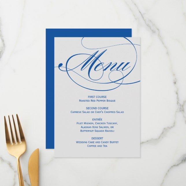 Elegant Blue Grey Calligraphy Script Wedding Menu (Front/Back In Situ)