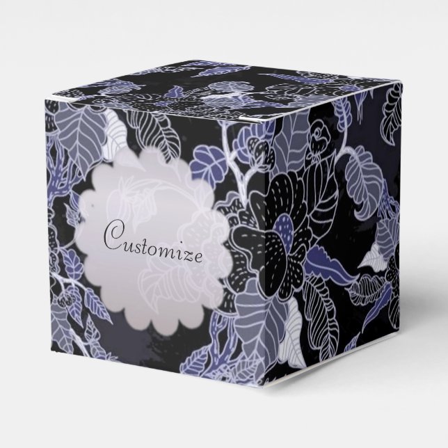 Elegant Blue & Grey Dark Floral Cube Favour Box (Front Side)