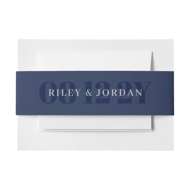 Elegant Blue Grey Date & Names Wedding Invitation Belly Band (Front Example)
