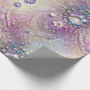 Elegant Blue, Grey, Feathers, Beads, Pearls, Light Wrapping Paper