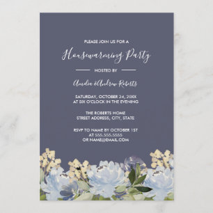 Elegant Blue Grey Floral Garden Housewarming Invitation