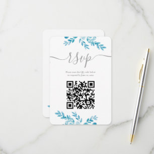 Elegant Blue Grey Floral QR Code Wedding RSVP Card