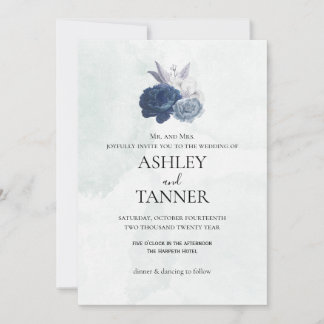 Elegant Blue & Grey Floral Wedding Invitation