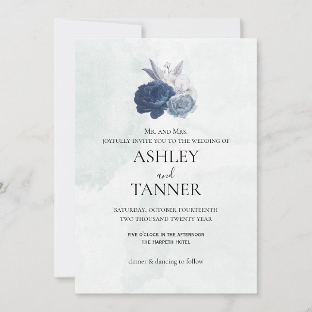 Elegant Blue & Grey Floral Wedding Invitation (Front)
