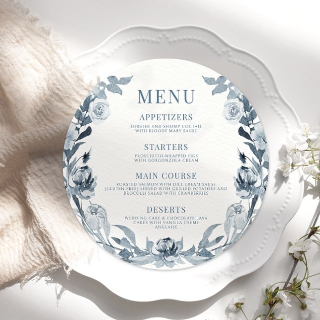 Elegant Blue Grey Floral Wedding Round Flat Menu (Creator Uploaded)