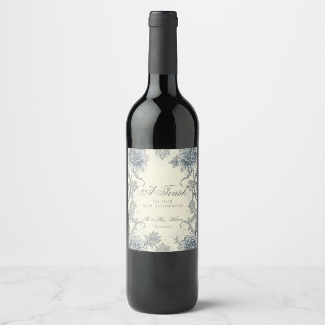 Elegant Blue Grey Floral Wine Bottle Wedding Label (Front)