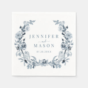 Elegant Blue Grey Floral Wreath Wedding Paper Napkin