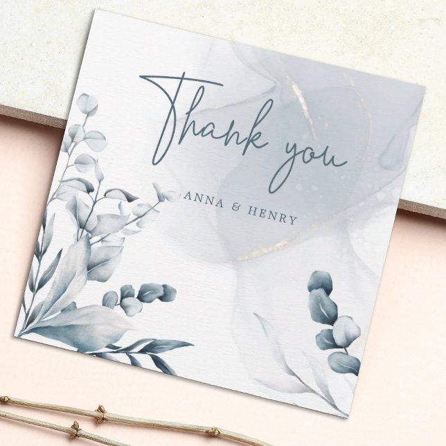 Elegant Blue Grey Foliage Wedding  Thank You Card (Appreciate your guests by sending this unique card)
