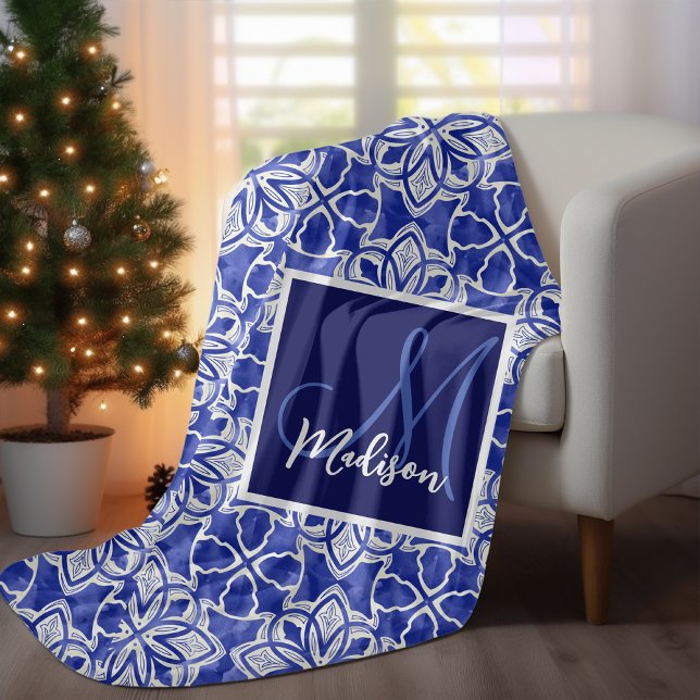 Elegant blue grey geometric seamless monogram fleece blanket (Creator Uploaded)