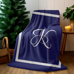 Elegant blue grey initial monogram fleece blanket