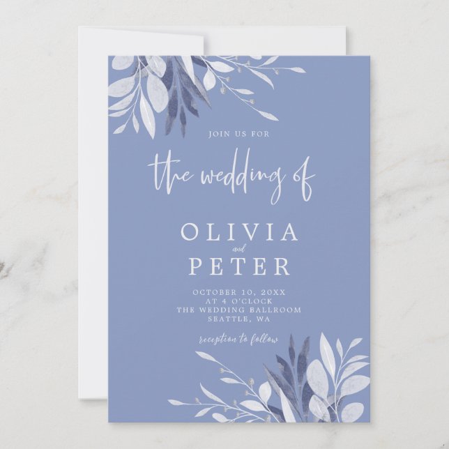 Elegant Blue Grey Leaves Botanical Wedding  Invitation (Front)